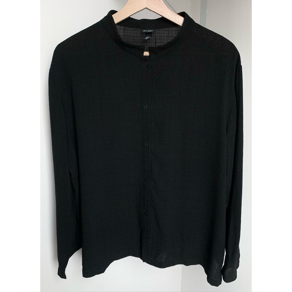 Eileen Fisher • L • Button Front Mandarin Collar Long Sleeve Top Black